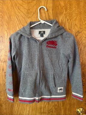 Roots Kids Gray Zip Hoodie with Red Canada Logo